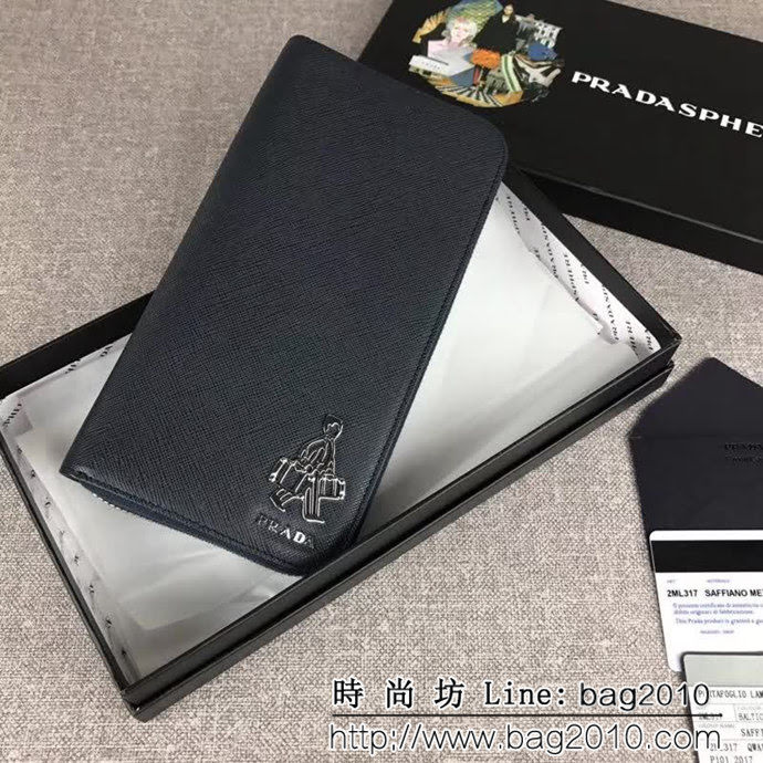 PRADA普拉達 官網同步 爆款 十字紋牛皮 男士單拉鏈錢包 2ML317 DD1874